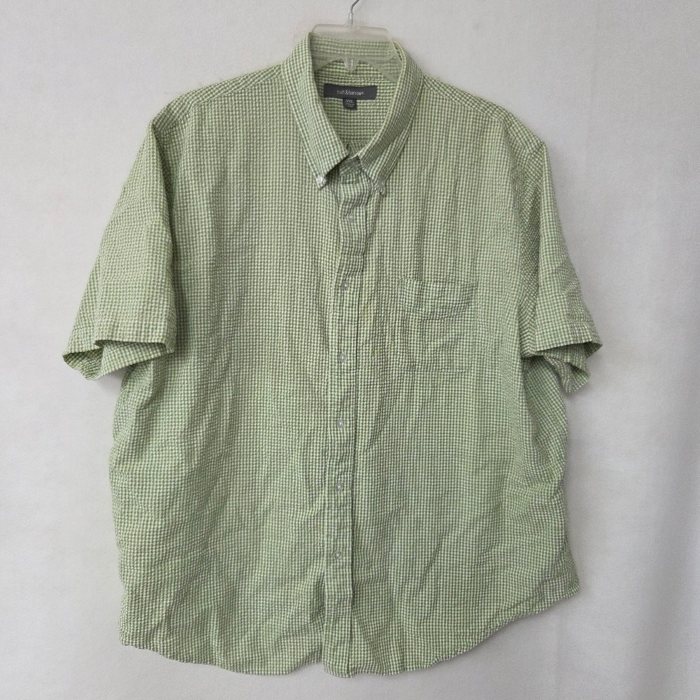 Croft & Barrow Seersucker Shirt Mens XXL Green Gingham Check Short Sleeve Cotton